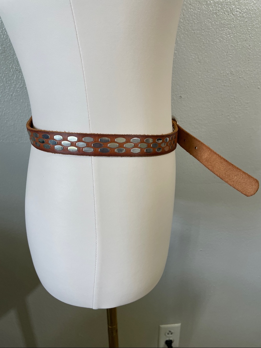 J. Crew Silver Tone Studded Brown Leather Skinny Belt Large Moto Biker Casual - Picture 5 of 9